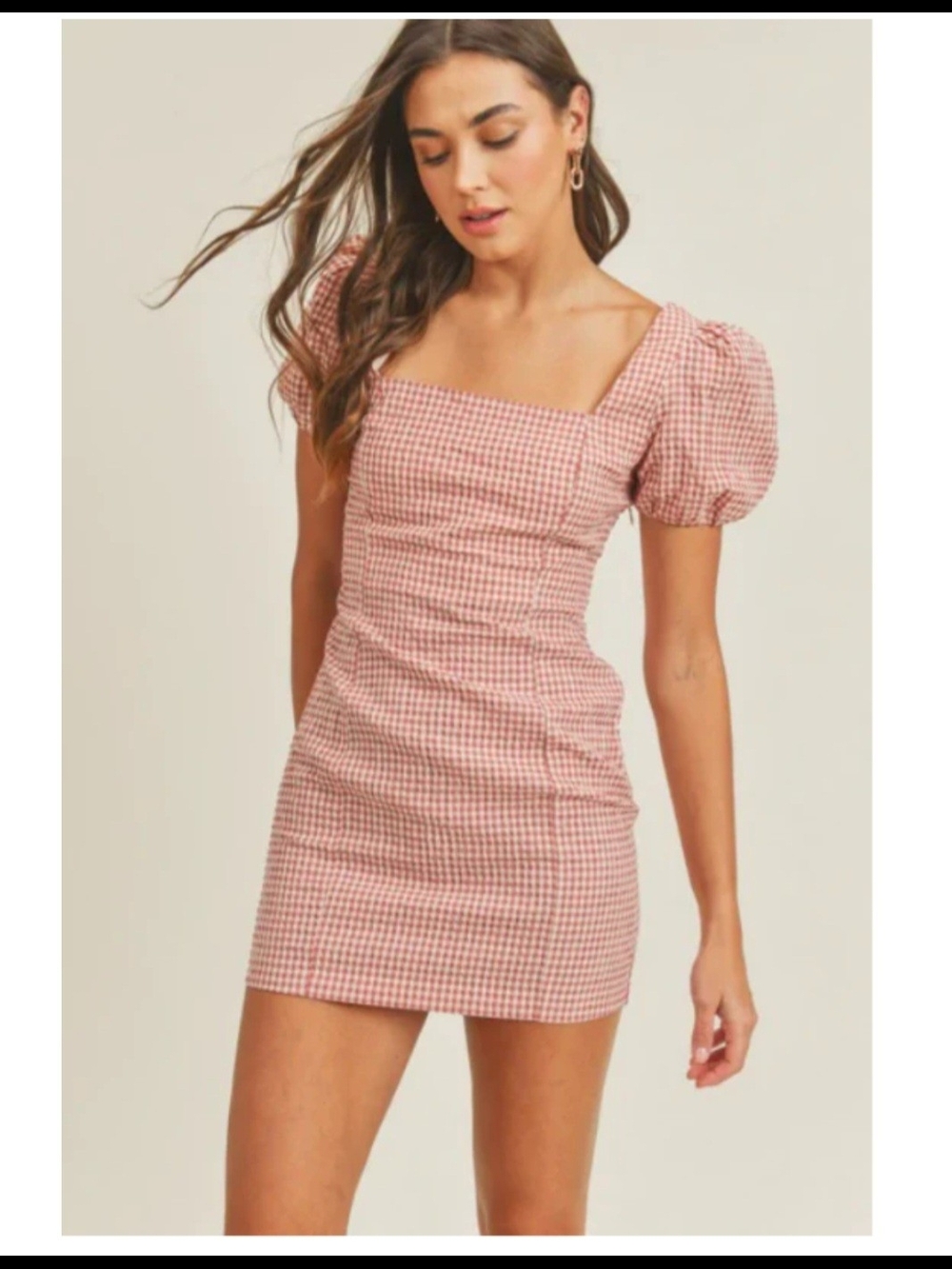 Francesca's Collections Pink Gingham Square Neck Mini Dress